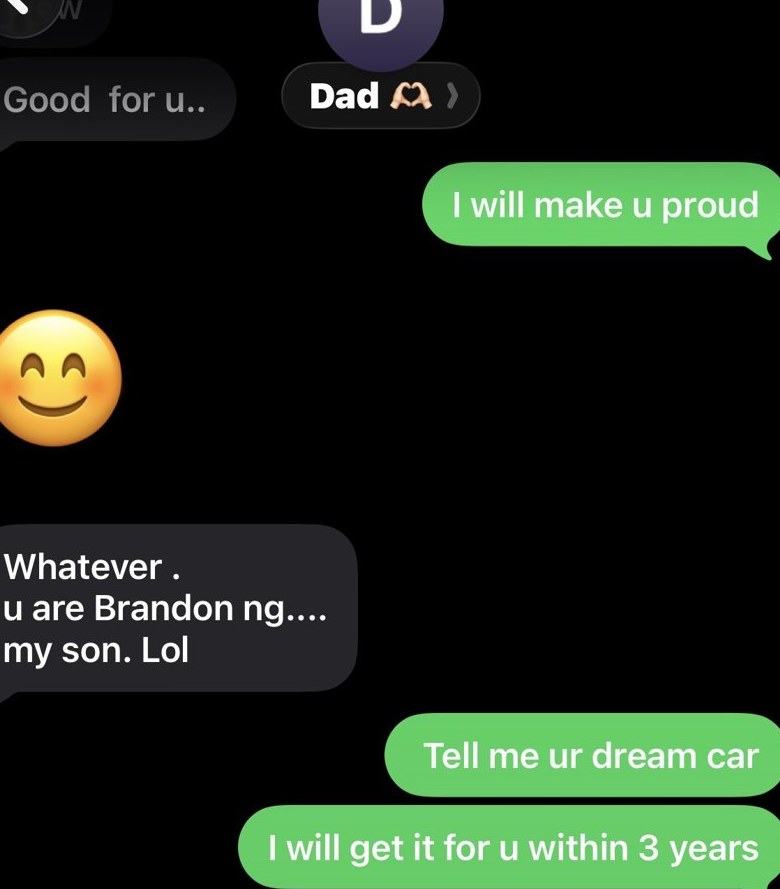 A text from Brandon’s father calling him his son